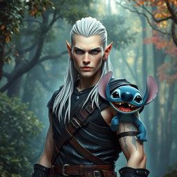 A male elf battle ranger standing straight in dark leather armor, showcasing his readiness for adventure