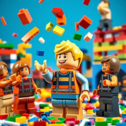 A playful scene featuring a cheerful blonde LEGO boy, depicted in bright, colorful LEGO bricks, animatedly throwing colorful LEGO bricks into the air towards his friends