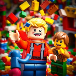 A playful scene featuring a cheerful blonde LEGO boy, depicted in bright, colorful LEGO bricks, animatedly throwing colorful LEGO bricks into the air towards his friends