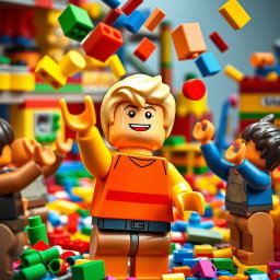 A playful scene featuring a cheerful blonde LEGO boy, depicted in bright, colorful LEGO bricks, animatedly throwing colorful LEGO bricks into the air towards his friends