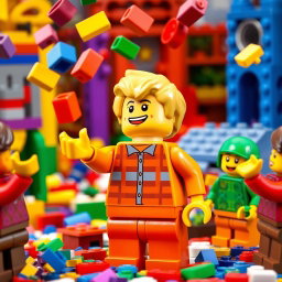 A playful scene featuring a cheerful blonde LEGO boy, depicted in bright, colorful LEGO bricks, animatedly throwing colorful LEGO bricks into the air towards his friends
