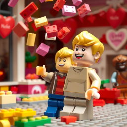A cheerful scene featuring a young blonde LEGO boy animatedly throwing colorful Valentine-themed LEGO bricks into the air, creating a festive atmosphere
