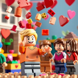A cheerful scene featuring a young blonde LEGO boy animatedly throwing colorful Valentine-themed LEGO bricks into the air, creating a festive atmosphere