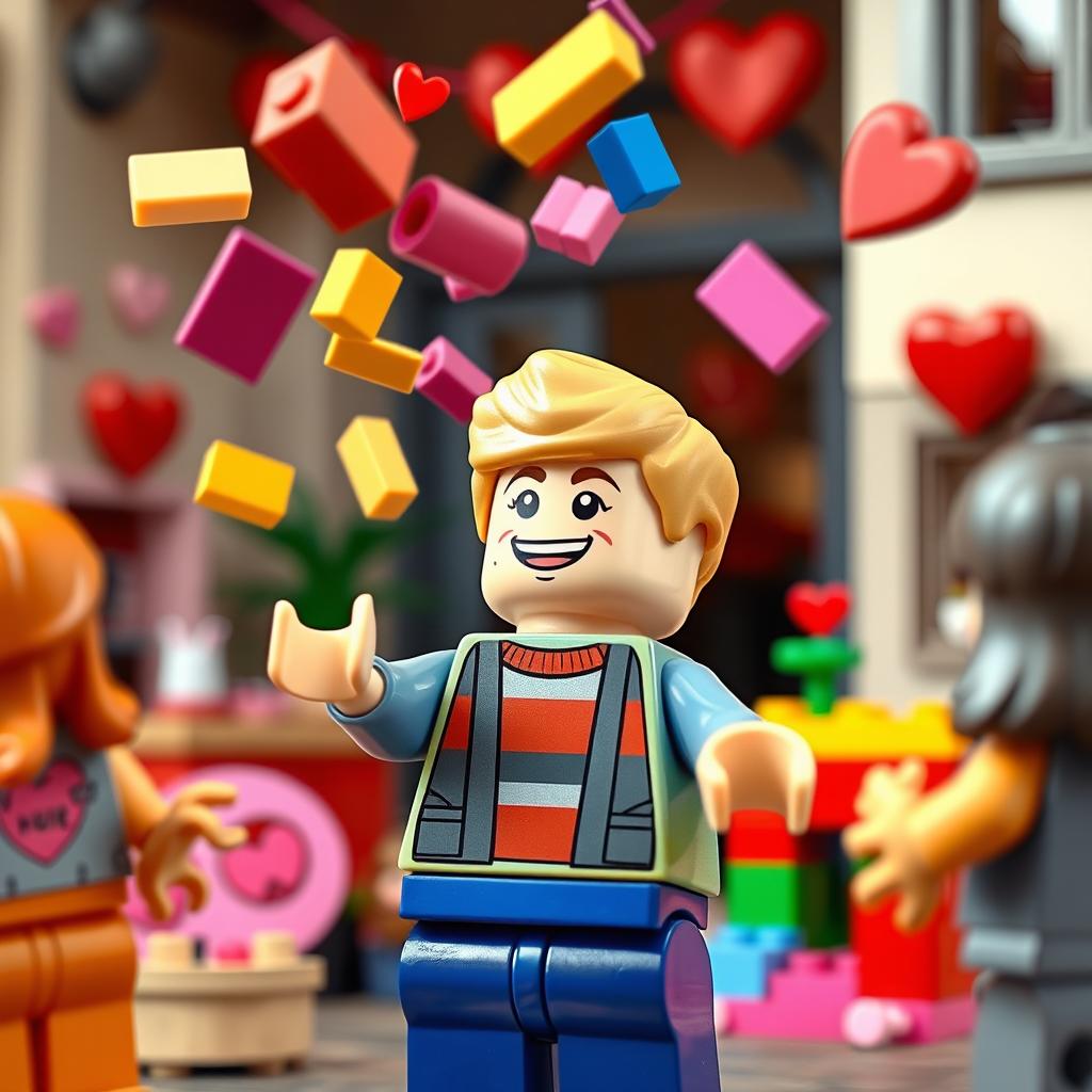 A cheerful scene featuring a young blonde LEGO boy animatedly throwing colorful Valentine-themed LEGO bricks into the air, creating a festive atmosphere