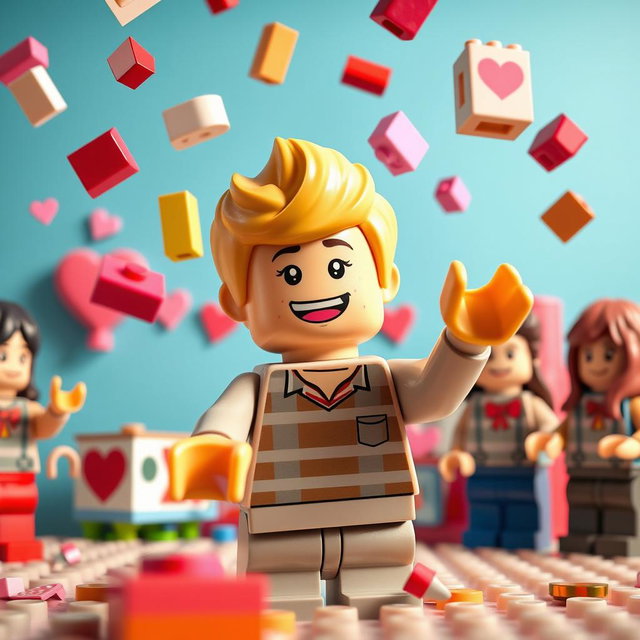 A cheerful scene featuring a young blonde LEGO boy animatedly throwing colorful Valentine-themed LEGO bricks into the air, creating a festive atmosphere
