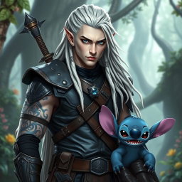 A male elf battle ranger standing straight in sleek dark leather armor, exuding confidence and readiness for combat