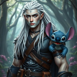 A male elf battle ranger standing straight in sleek dark leather armor, exuding confidence and readiness for combat