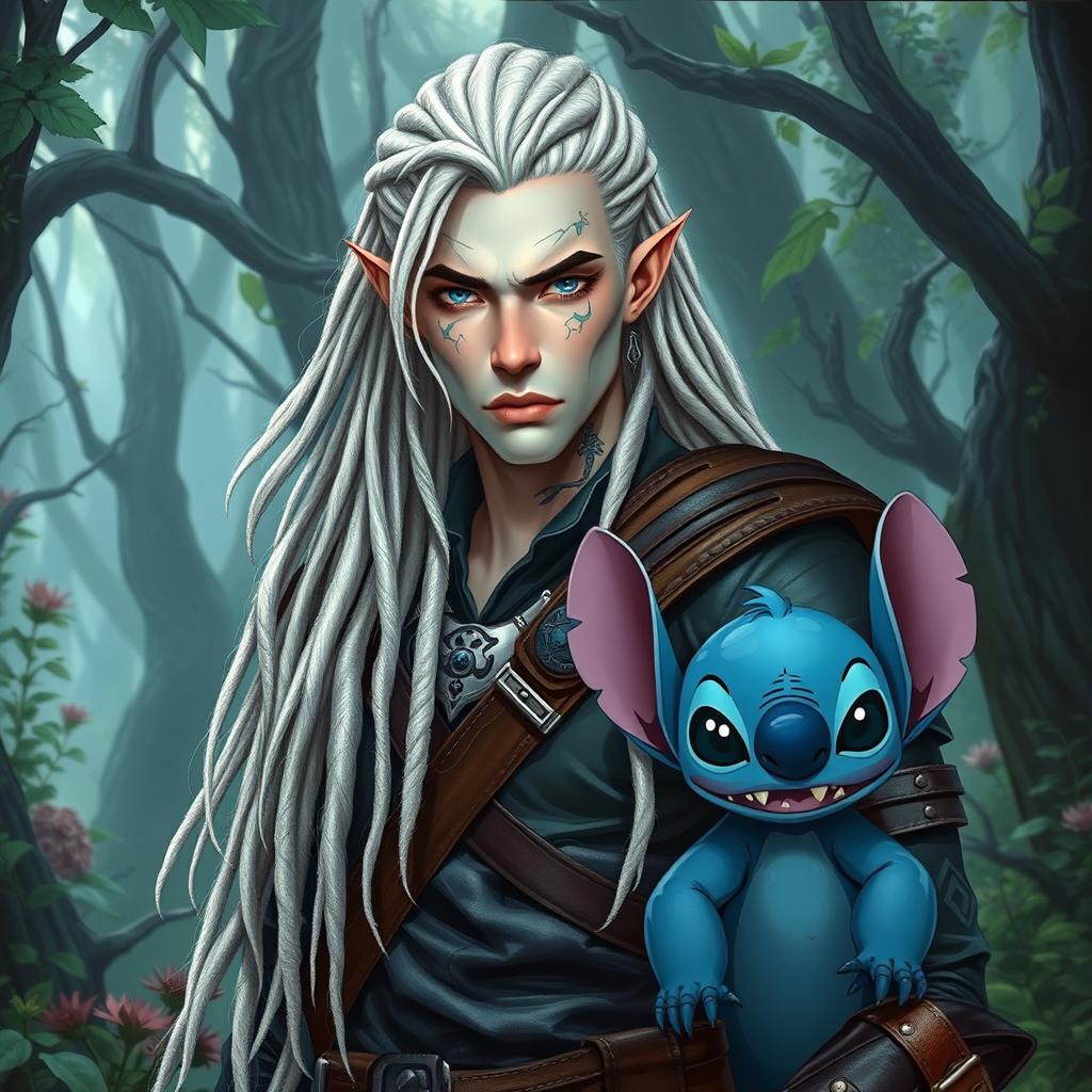 A male elf battle ranger standing straight in sleek dark leather armor, exuding confidence and readiness for combat