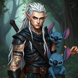 A male elf battle ranger standing straight in sleek dark leather armor, exuding confidence and readiness for combat