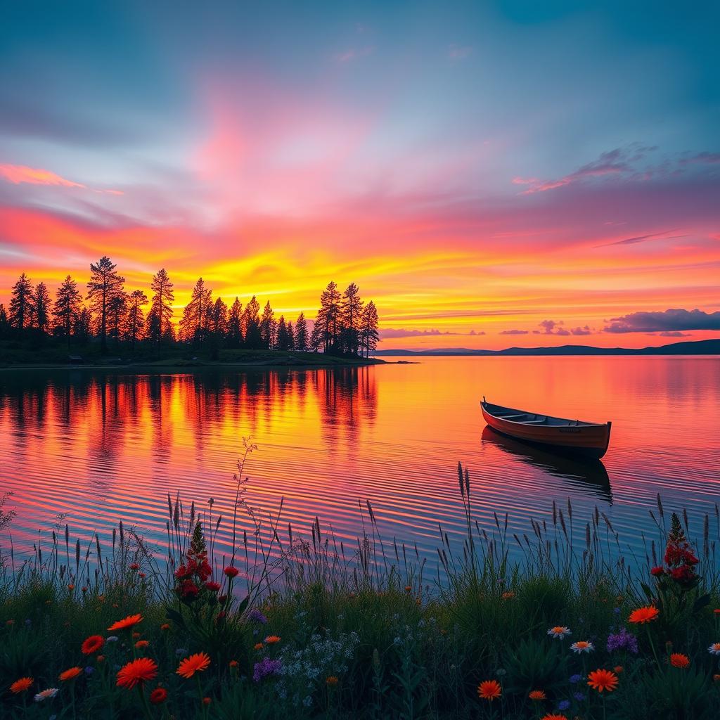A beautiful sunset over a serene lake, with vibrant reflections of orange, pink, and purple hues in the water