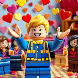 A joyful scene featuring a young blonde LEGO boy dressed in a blue and yellow outfit, energetically throwing colorful Valentine's heart-shaped LEGO bricks into the air