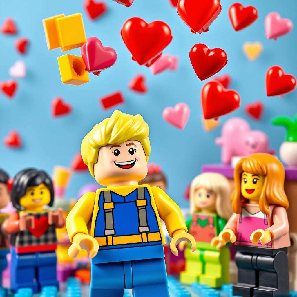 A joyful scene featuring a young blonde LEGO boy dressed in a blue and yellow outfit, energetically throwing colorful Valentine's heart-shaped LEGO bricks into the air