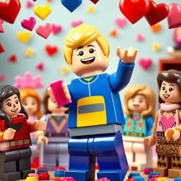 A joyful scene featuring a young blonde LEGO boy dressed in a blue and yellow outfit, energetically throwing colorful Valentine's heart-shaped LEGO bricks into the air