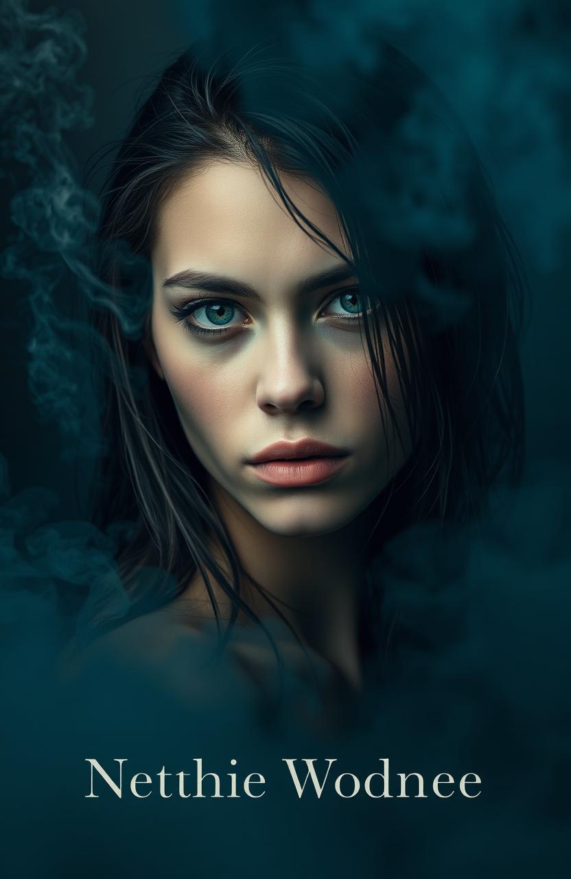 A portrait of a person with wet hair, set against a background of cool tones including blues, grays, and greens, creating a somber and atmospheric feel