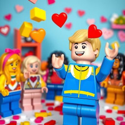 A joyful scene featuring a young blonde LEGO boy dressed in a blue and yellow outfit, energetically throwing colorful Valentine's heart-shaped LEGO bricks into the air