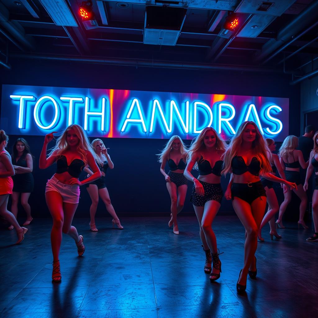 Beautiful blonde women dancing in front of a glowing neon blue text that reads 'TOTH ANDRAS' on a silver metal sign