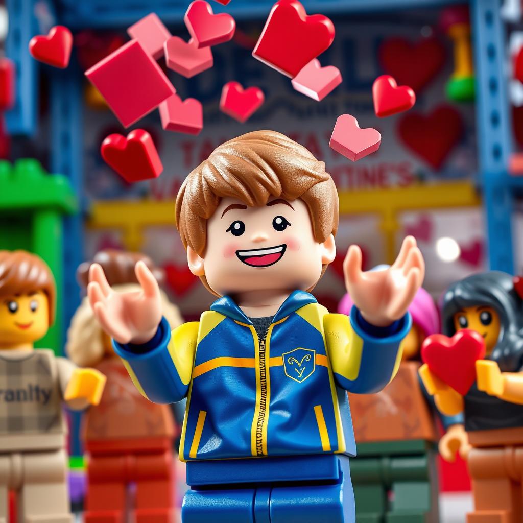 A vibrant scene depicting a young LEGO boy with light brown hair, wearing a blue and yellow tracksuit, energetically throwing heart-shaped LEGO bricks that symbolize Valentine's Day into the air