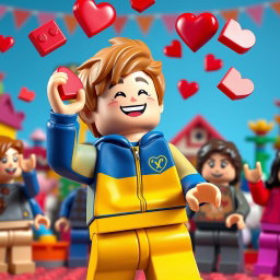 A vibrant scene depicting a young LEGO boy with light brown hair, wearing a blue and yellow tracksuit, energetically throwing heart-shaped LEGO bricks that symbolize Valentine's Day into the air