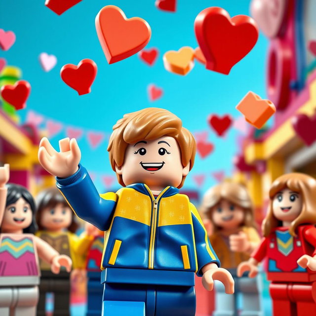 A vibrant scene depicting a young LEGO boy with light brown hair, wearing a blue and yellow tracksuit, energetically throwing heart-shaped LEGO bricks that symbolize Valentine's Day into the air