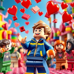 A vibrant scene depicting a young LEGO boy with light brown hair, wearing a blue and yellow tracksuit, energetically throwing heart-shaped LEGO bricks that symbolize Valentine's Day into the air
