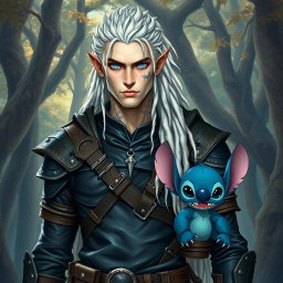 A male elf battle ranger standing straight in dark leather armor, exuding strength and confidence