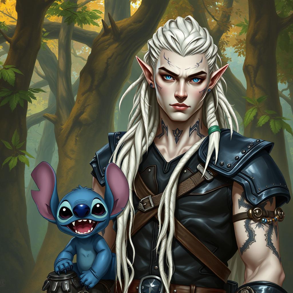 A male elf battle ranger standing straight in dark leather armor, exuding strength and confidence