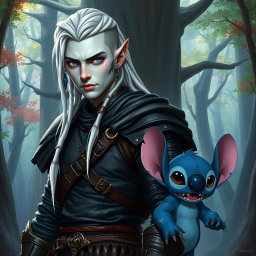 A male elf battle ranger standing straight in dark leather armor, exuding strength and confidence