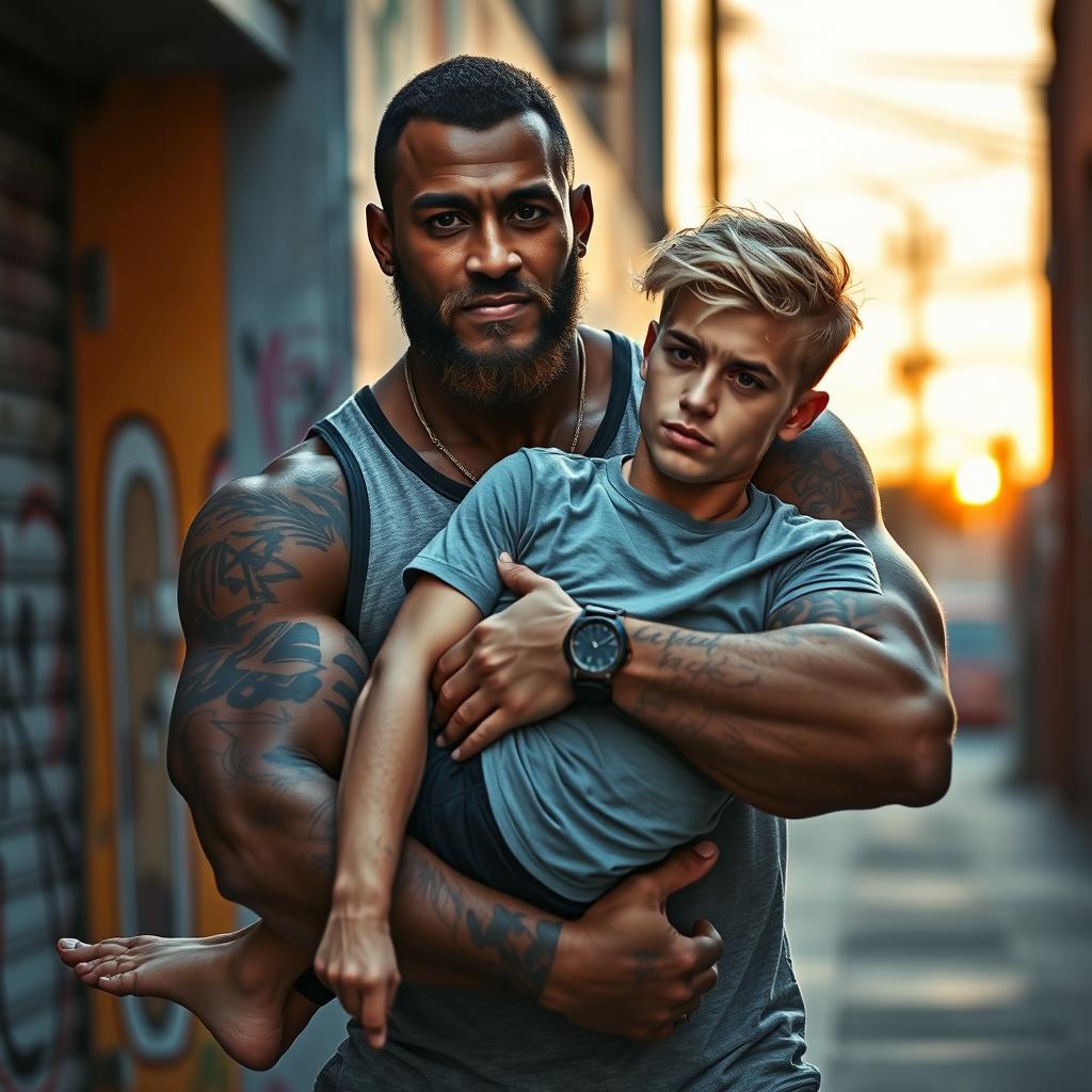 A tall, muscular man with dark skin and tattoos is cradling a short, slender man with light skin and blonde hair in his arms