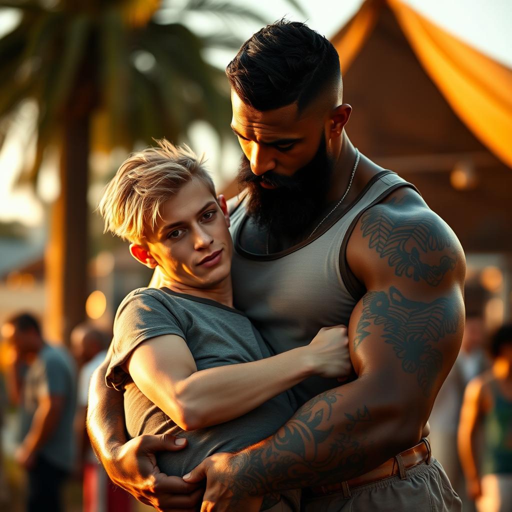 A tall, muscular man with dark skin, adorned with intricate tattoos, is gently carrying in his arms a shorter, thin man with fair skin and blonde hair