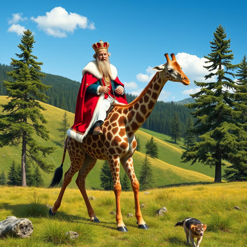 A whimsical and imaginative scene depicting the King of Norway majestically riding a giraffe
