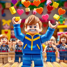A lively scene featuring a young LEGO boy with light brown hair styled in an undercut, dressed in a vibrant blue and yellow tracksuit