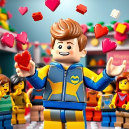 A lively scene featuring a young LEGO boy with light brown hair styled in an undercut, dressed in a vibrant blue and yellow tracksuit