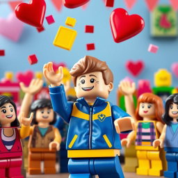 A lively scene featuring a young LEGO boy with light brown hair styled in an undercut, dressed in a vibrant blue and yellow tracksuit