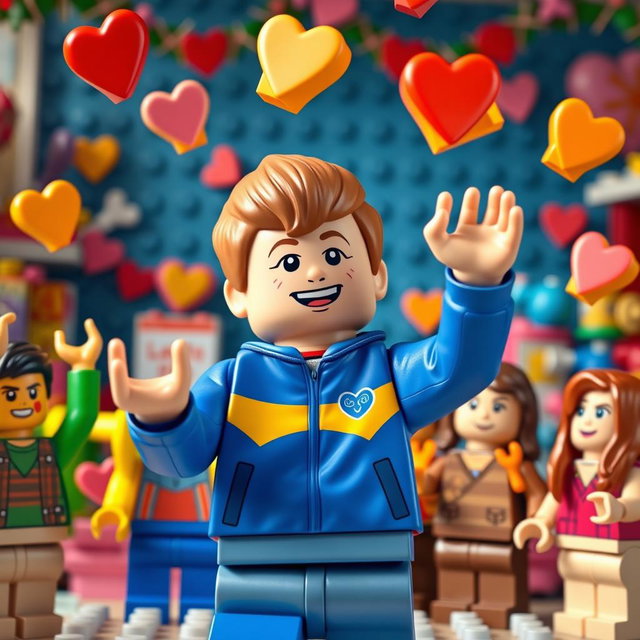 A lively scene featuring a young LEGO boy with light brown hair styled in an undercut, dressed in a vibrant blue and yellow tracksuit