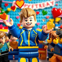 A lively scene showcasing a young LEGO boy with dark blonde hair styled in an undercut, wearing a blue and yellow tracksuit