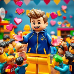 A lively scene showcasing a young LEGO boy with dark blonde hair styled in an undercut, wearing a blue and yellow tracksuit