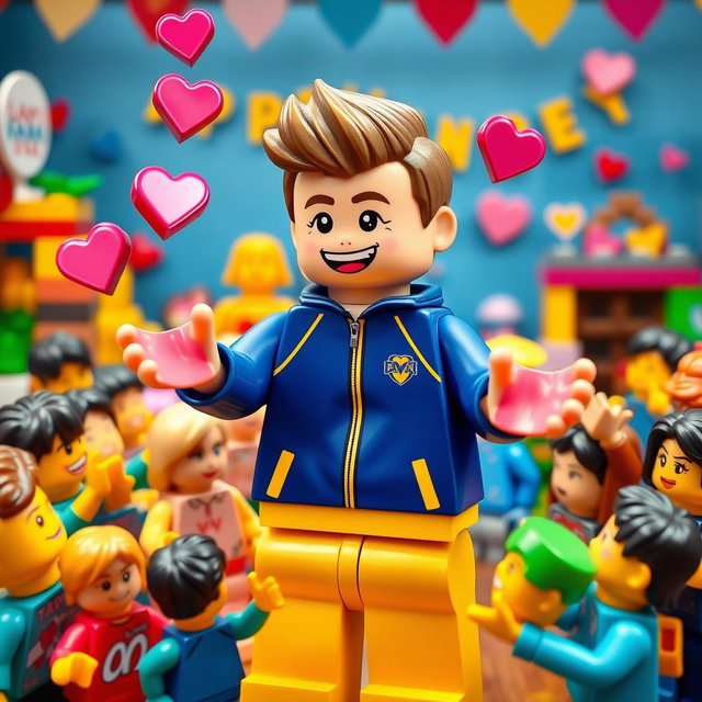 A lively scene showcasing a young LEGO boy with dark blonde hair styled in an undercut, wearing a blue and yellow tracksuit