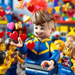 A lively scene showcasing a young LEGO boy with dark blonde hair styled in an undercut, wearing a blue and yellow tracksuit