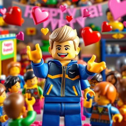 A lively scene showcasing a young LEGO boy with dark blonde hair styled in an undercut, wearing a blue and yellow tracksuit