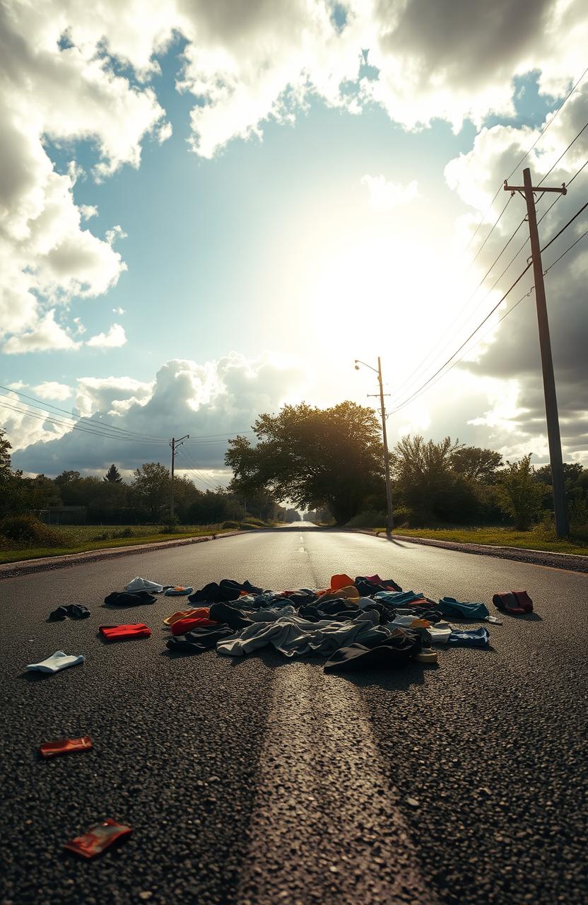 A street scene depicting a paved road, littered with various pieces of clothing scattered on the ground, set during a bright and dramatic day symbolizing the Rapture