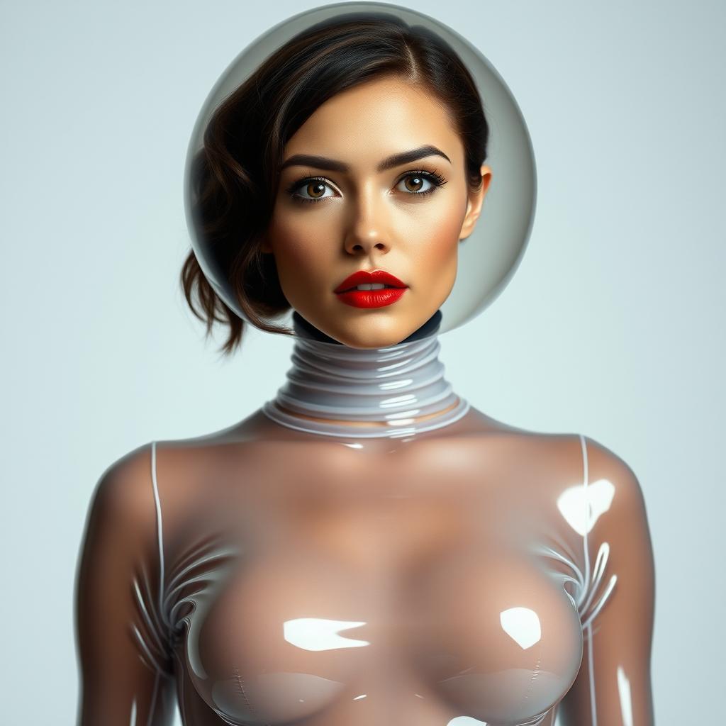 A beautiful woman wearing a very tight colorless transparent latex catsuit that clings to her curves