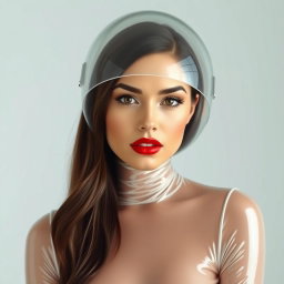 A beautiful woman wearing a very tight colorless transparent latex catsuit that clings to her curves