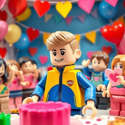 A delightful scene at a Valentine's Day party featuring a young LEGO boy with dark blonde hair styled in an undercut