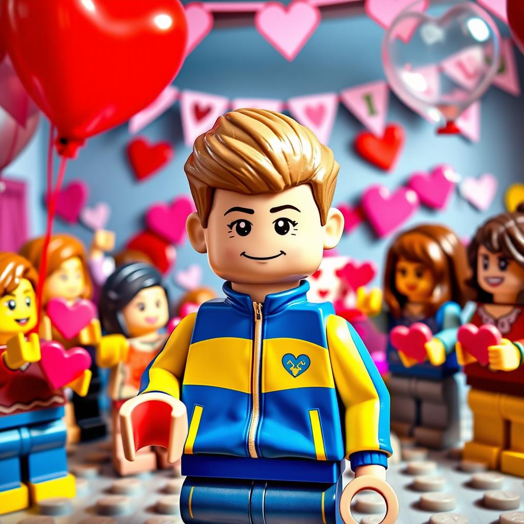 A delightful scene at a Valentine's Day party featuring a young LEGO boy with dark blonde hair styled in an undercut