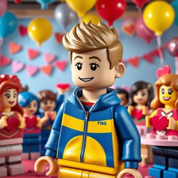 A delightful scene at a Valentine's Day party featuring a young LEGO boy with dark blonde hair styled in an undercut