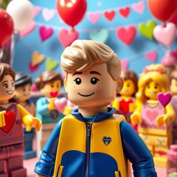 A delightful scene at a Valentine's Day party featuring a young LEGO boy with dark blonde hair styled in an undercut
