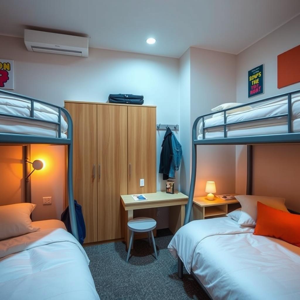 A university dorm room designed for four people, featuring bunk beds with comfortable bedding
