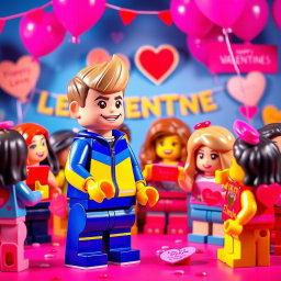 A vibrant and delightful scene set at a Valentine's Day party featuring a young LEGO boy with dark blonde hair styled in an undercut