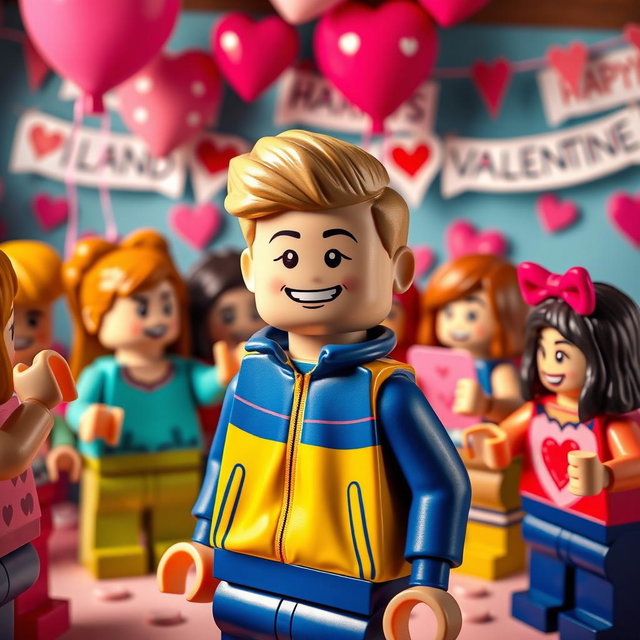 A vibrant and delightful scene set at a Valentine's Day party featuring a young LEGO boy with dark blonde hair styled in an undercut
