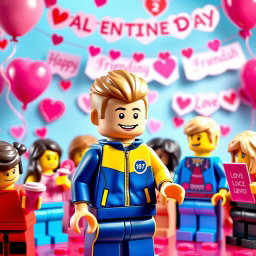 A vibrant and delightful scene set at a Valentine's Day party featuring a young LEGO boy with dark blonde hair styled in an undercut